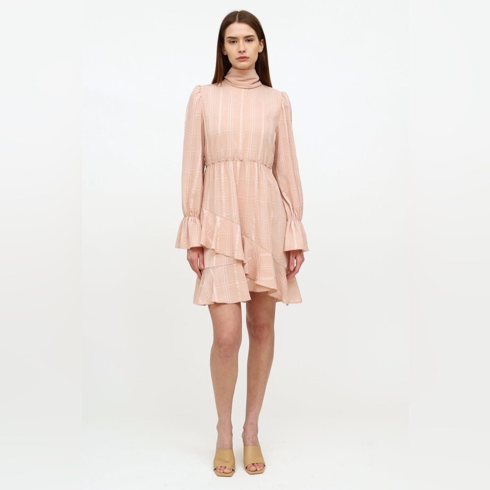 See By Chloè Georgette Check Ascot Tie Ruffle Flouncy Dress Smoky Pink - Picture 2 of 14